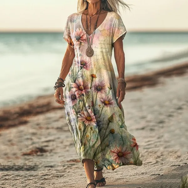 Vintage Daisy Print V-neck Short Sleeved Linen Blend Midi Dress
