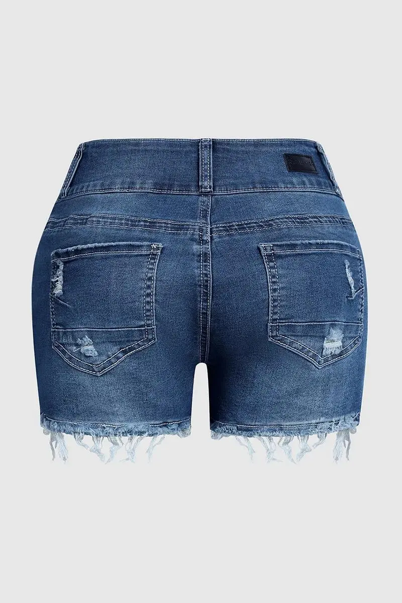 Ripped Raw Hem Button Up Mid Rise Denim Shorts