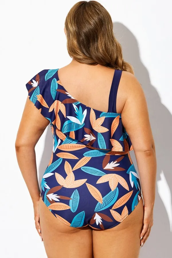Blue Leaf Print Asymmetric One Piece Swimsuit