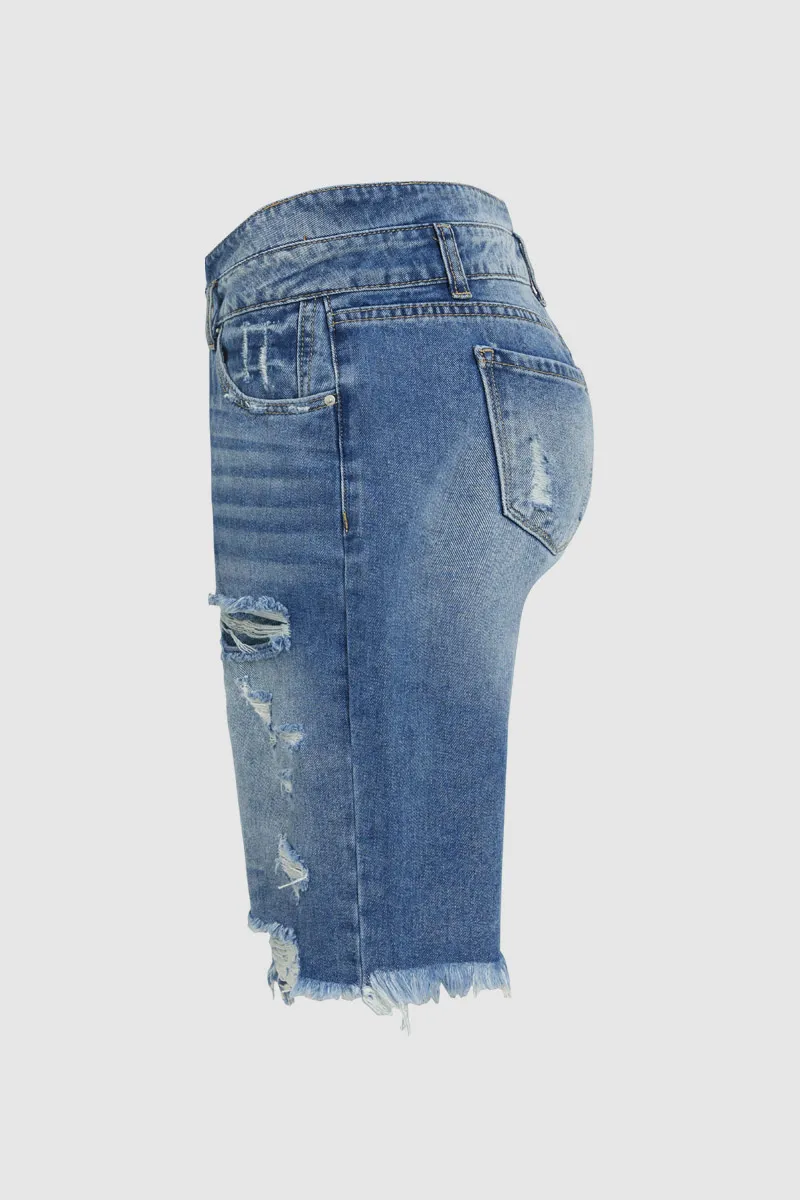 Raw Hem Ripped High Rise Bermuda Denim Shorts