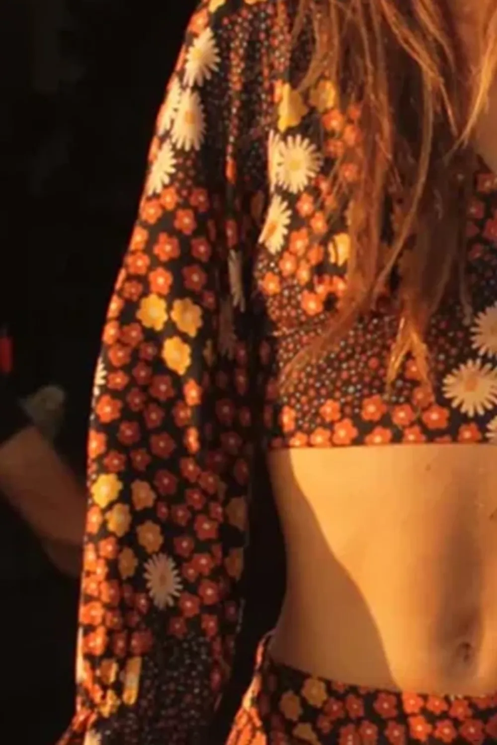 Brown And Orange Floral Print Crop Top And Skirt Set