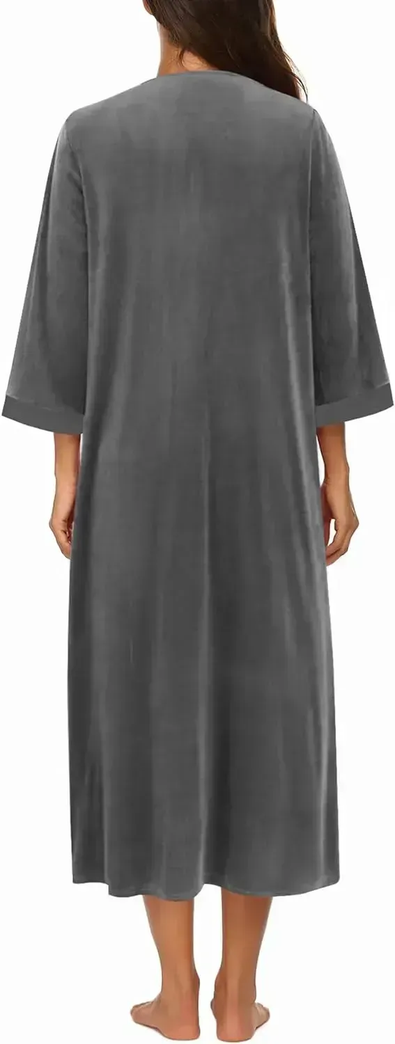 Women Zipper Robe 3/4 Sleeves Loungewear Dress Full Length Sleepwear Pockets Housecoat Nightgown Long Bathrobe