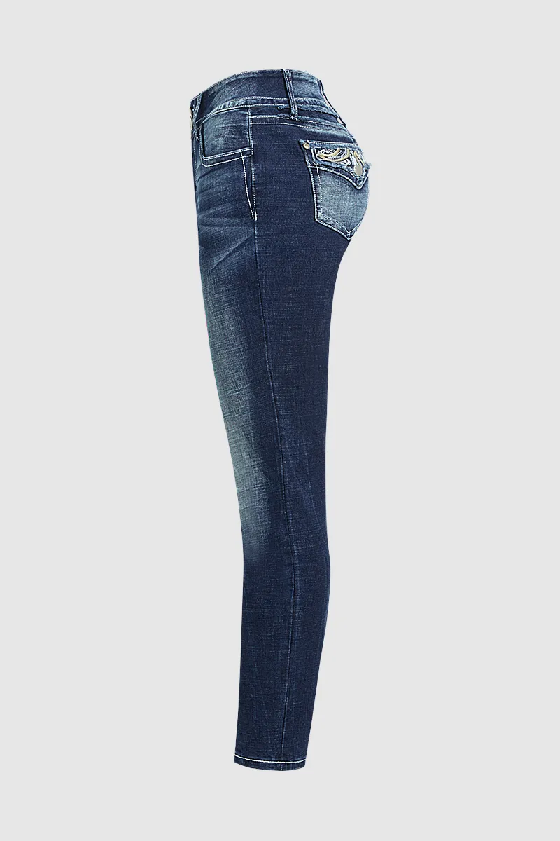 Washed Embroidery Pocket Button Up Mid Rise Skinny Jeans