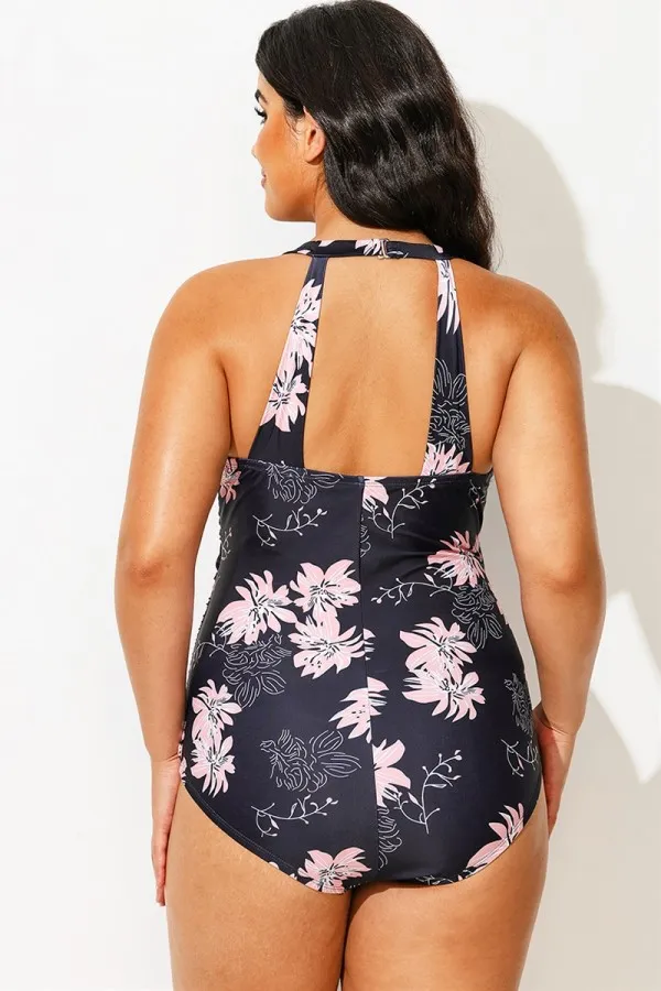Floral Print H-Back Sarong Front One Piece Swimsuit