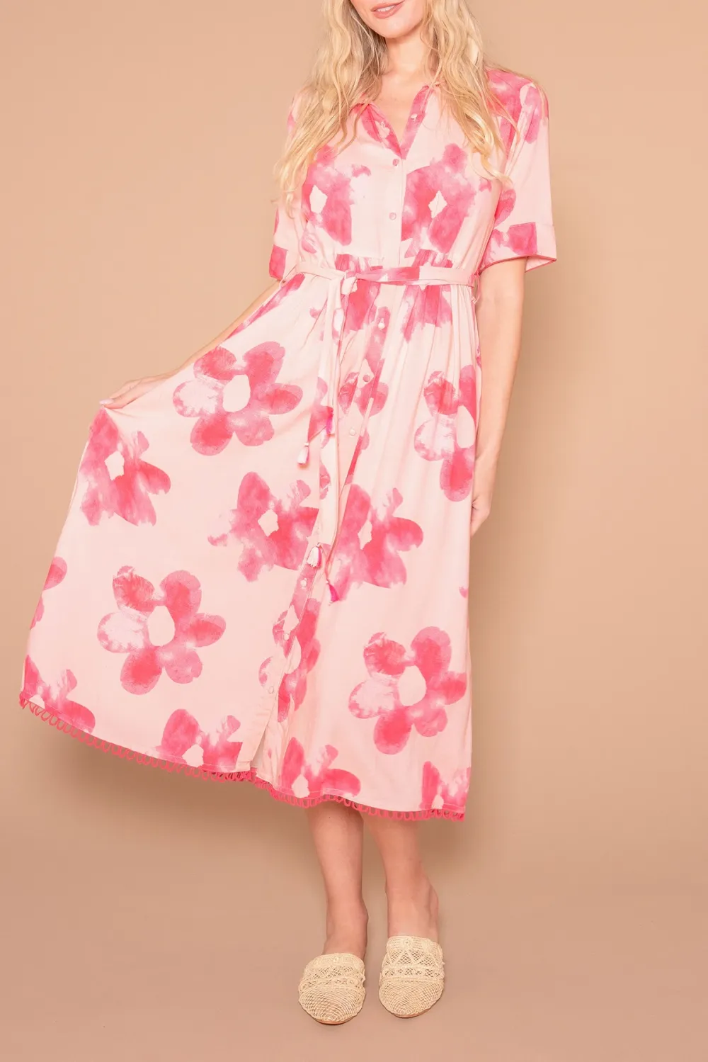 Pink And Red Floral Print Belted Maxi Dress