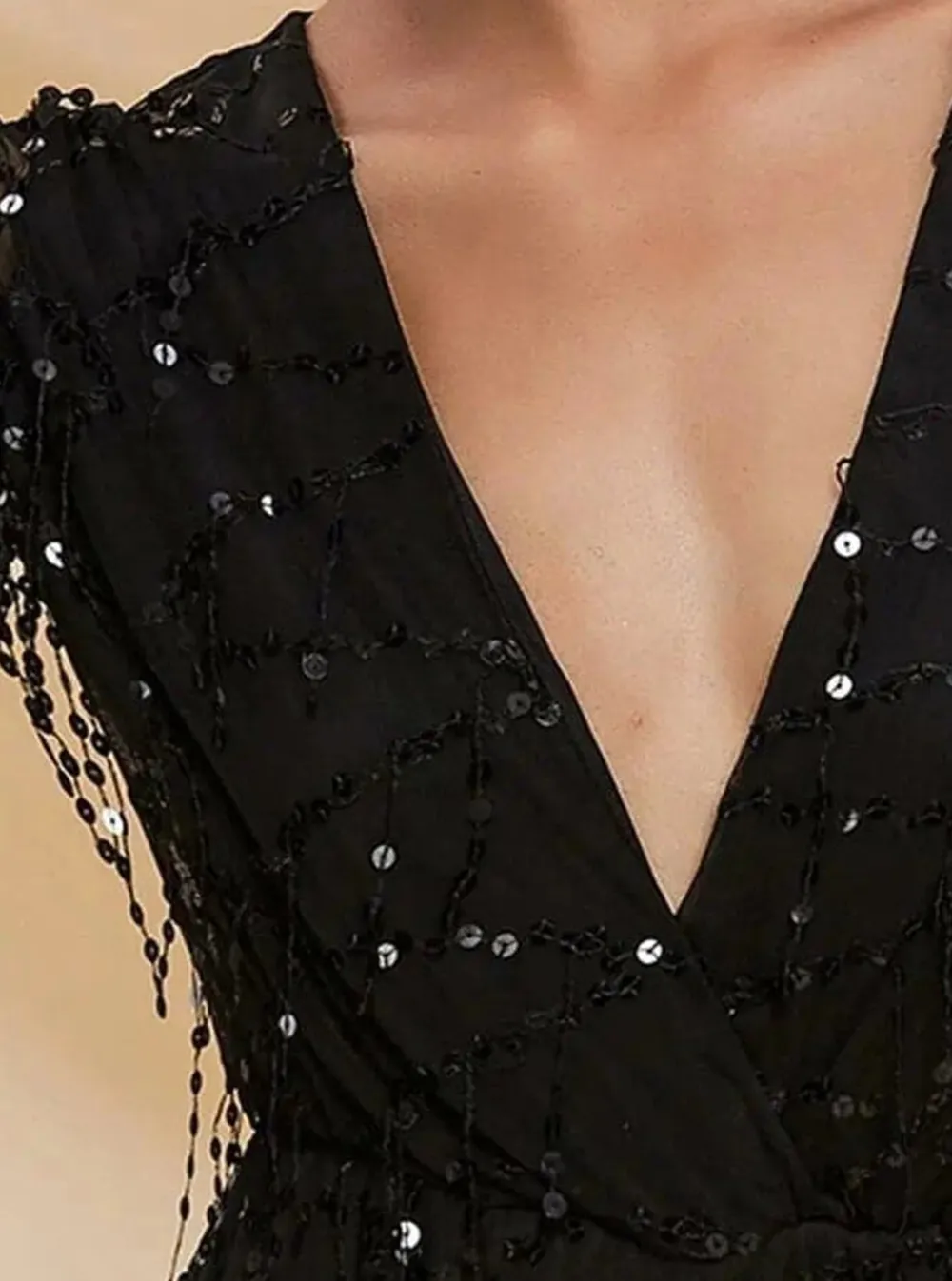 Deep V Neck Sheer Sleeve Sequin Mesh Romper