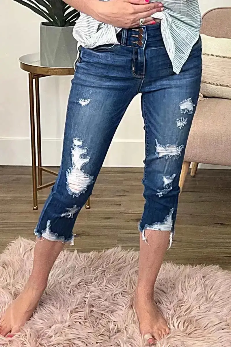 Button Up Ripped Raw Hem Mid Rise Capri Jeans