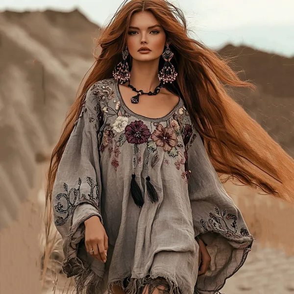 Boho Floral Embroidery Art Cotton And Linen Blend Casual Blouse