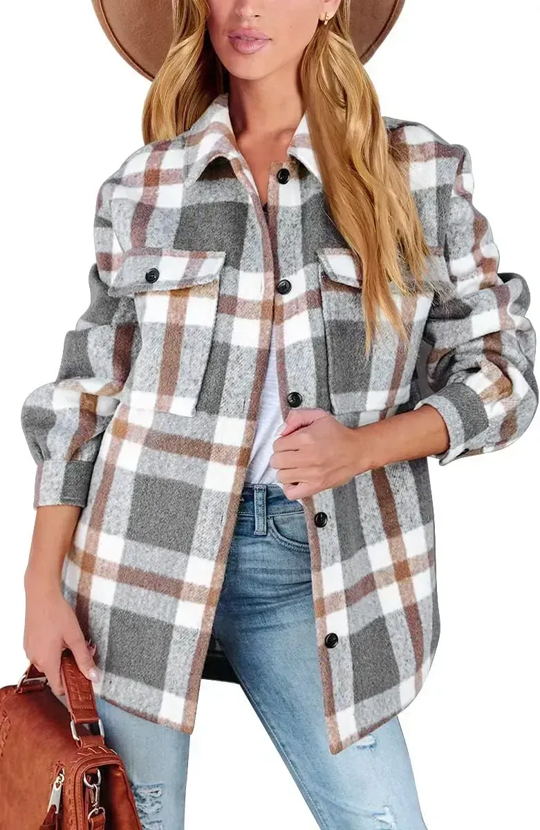 Womens Casual Plaid Shacket Button Down Long Sleeve Shirt