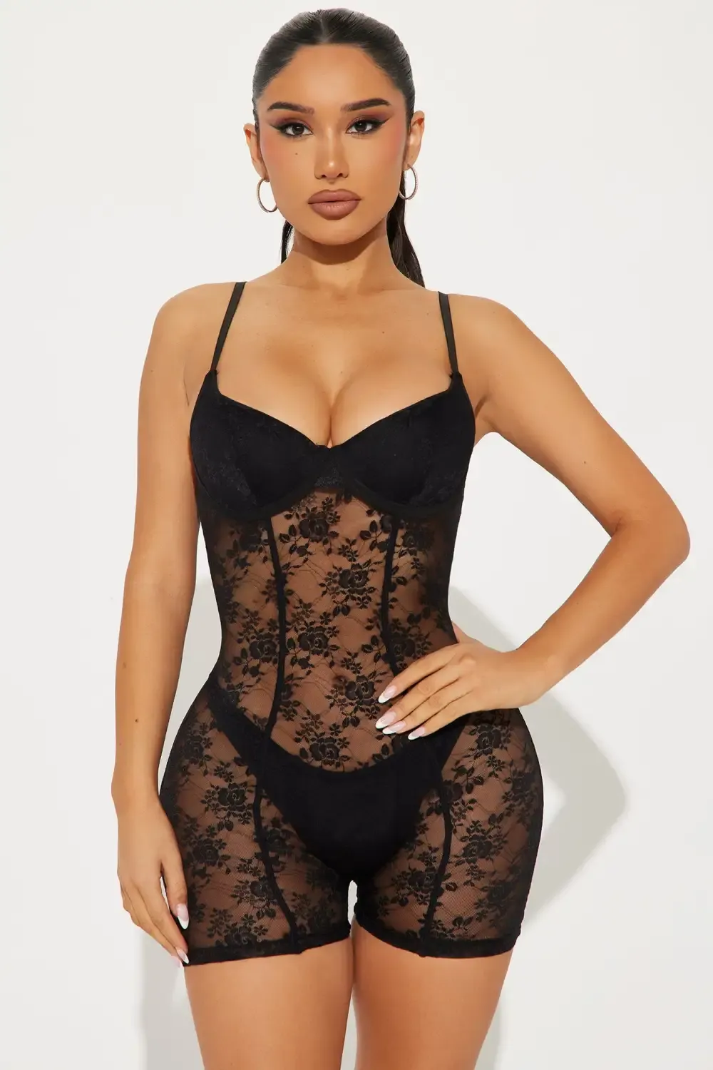 All Yours Lace Romper 2 Piece Bodystocking - Black