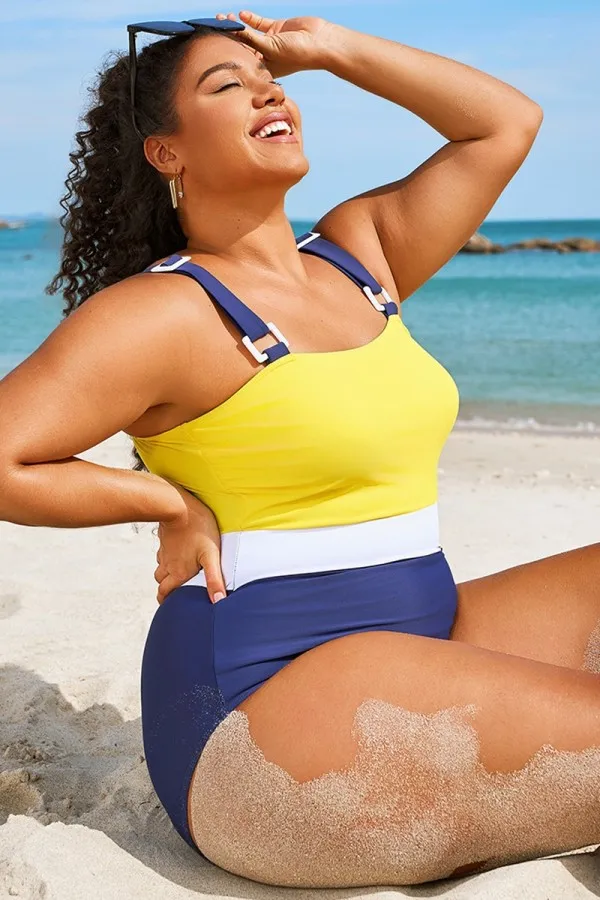Plus Size Colorblock Tummy Control One Piece Swimsuit