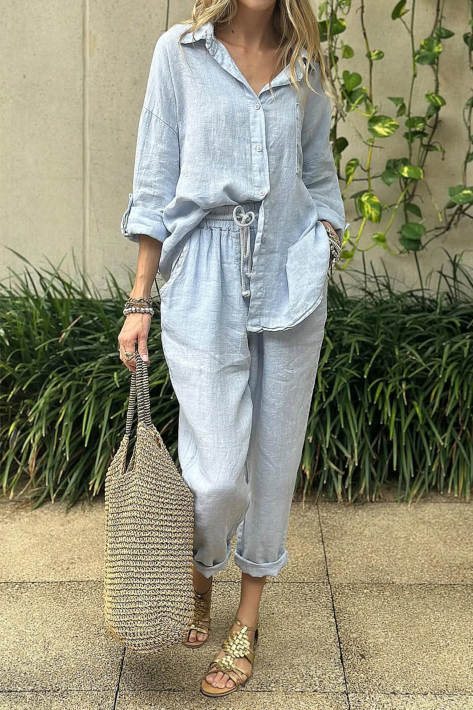 Women'S Solid Color Cotton And Linen Casual Top And Pants Two-Piece Set