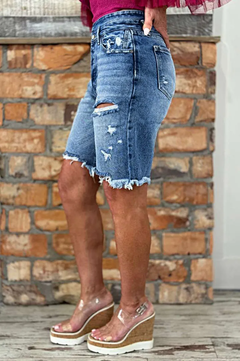 Raw Hem Ripped High Rise Bermuda Denim Shorts