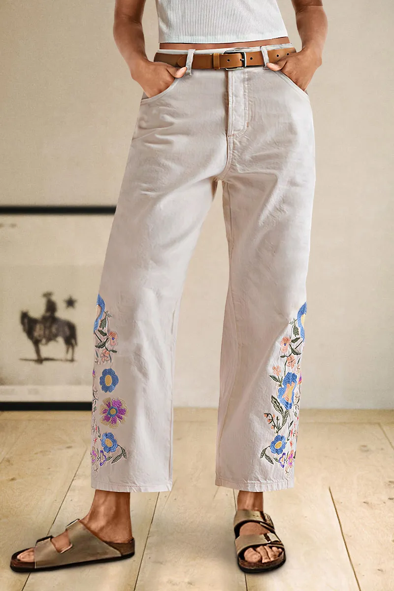 Floral Embroidery High Rise Straight Leg Crop Pants