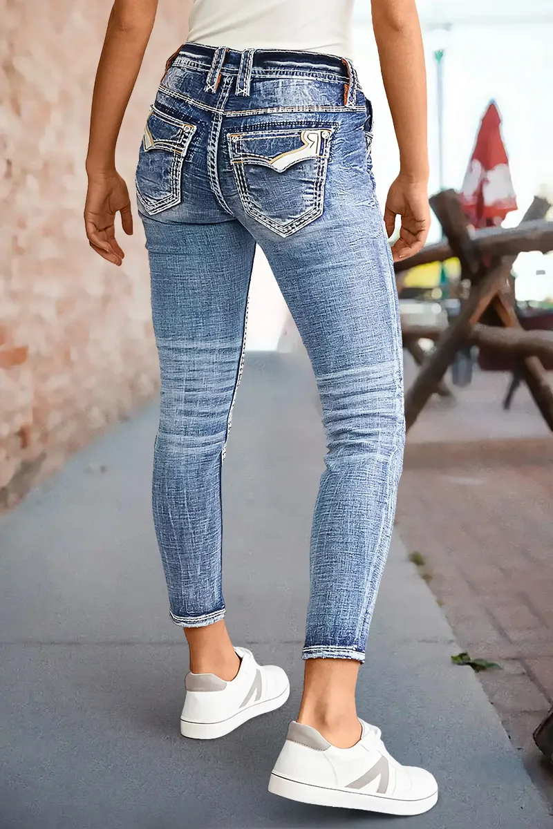 Wash Stitch Detail Mid Rise Crop Skinny Jeans
