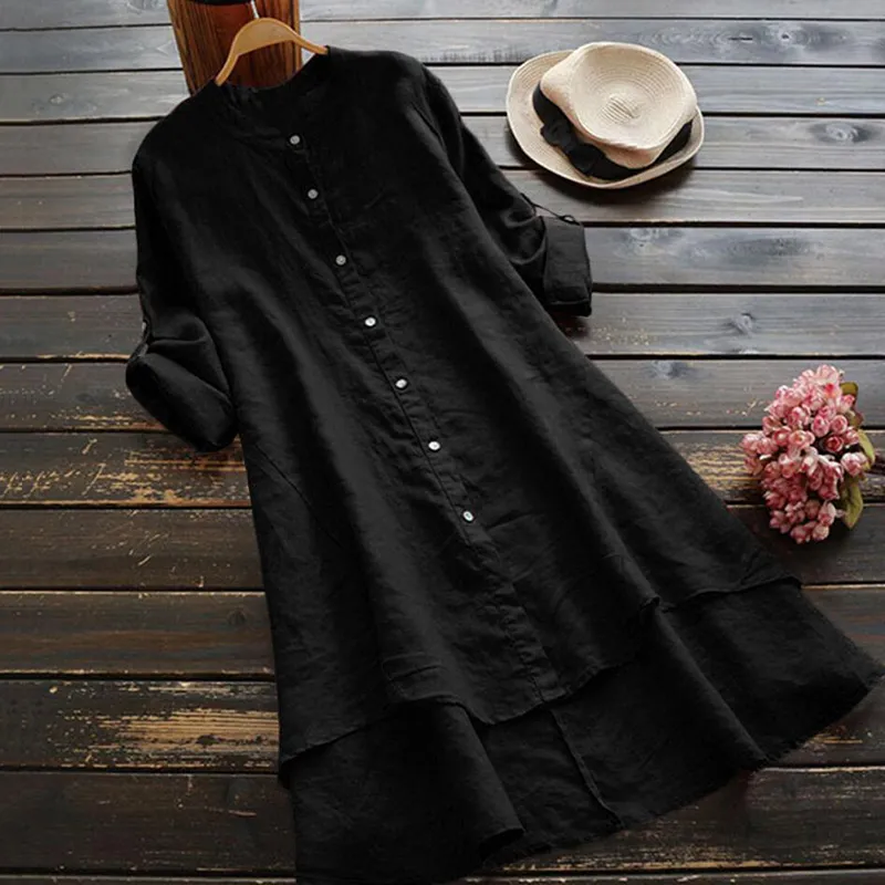 Vintage Button Cotton Linen Midi Dress