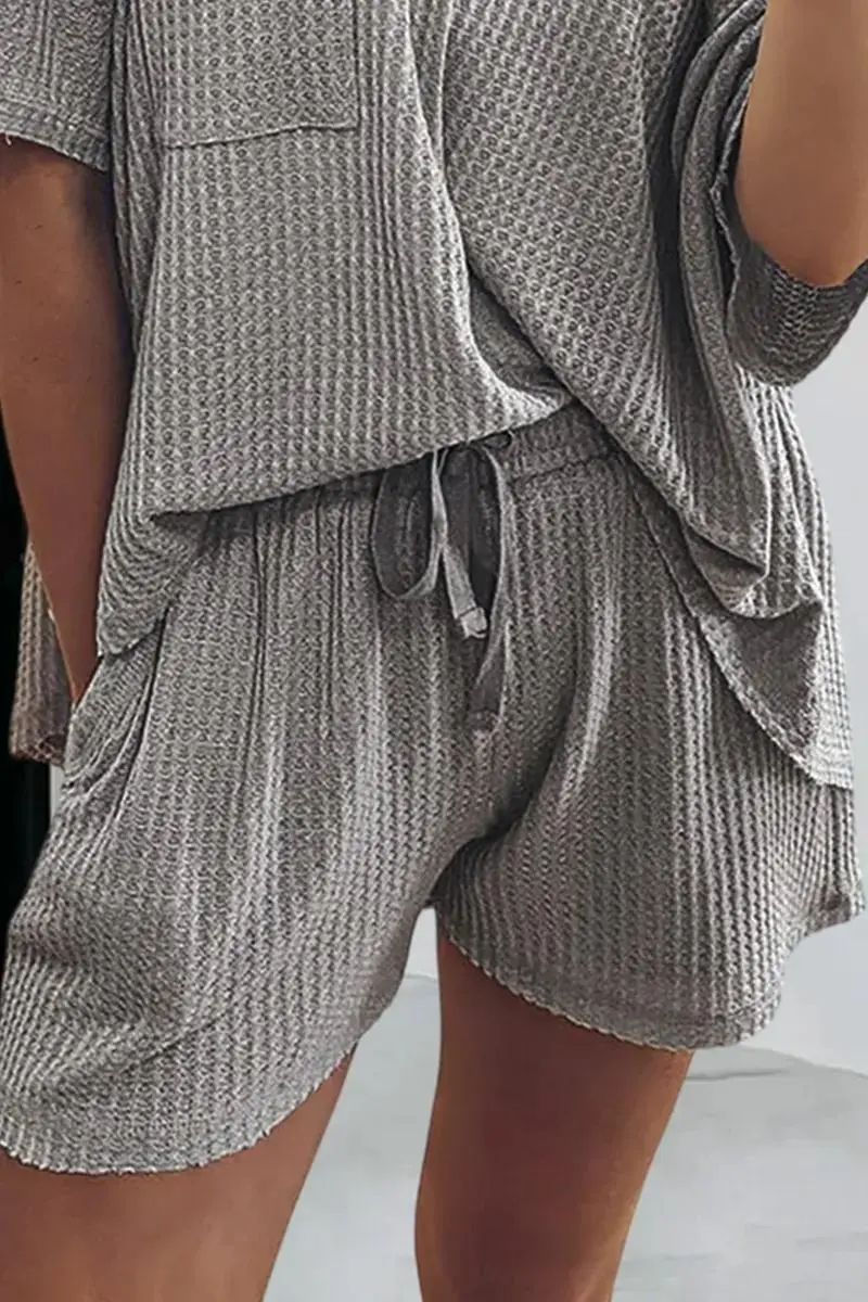 Waffle Knit Patch Pocket T-Shirt & Drawstring High Waist Mid Thigh Shorts Set