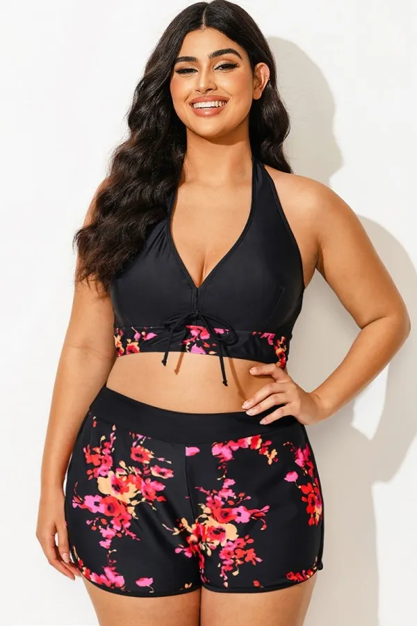 Floral Printed V-Neck Halter Sexy Bikini Top