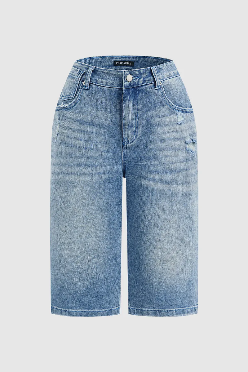 Ripped Mid Waist Straight Leg Capri Jeans