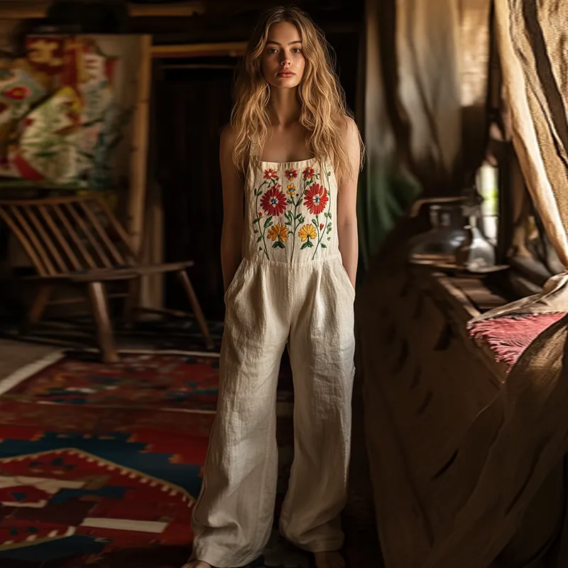 Vintage Floral Embroidered Pattern Art Linen Blend Loose Casual Jumpsuit