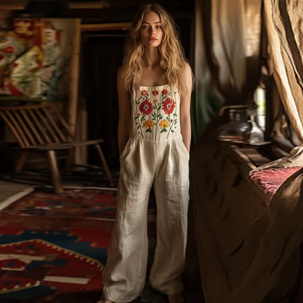Vintage Floral Embroidered Pattern Art Linen Blend Loose Casual Jumpsuit
