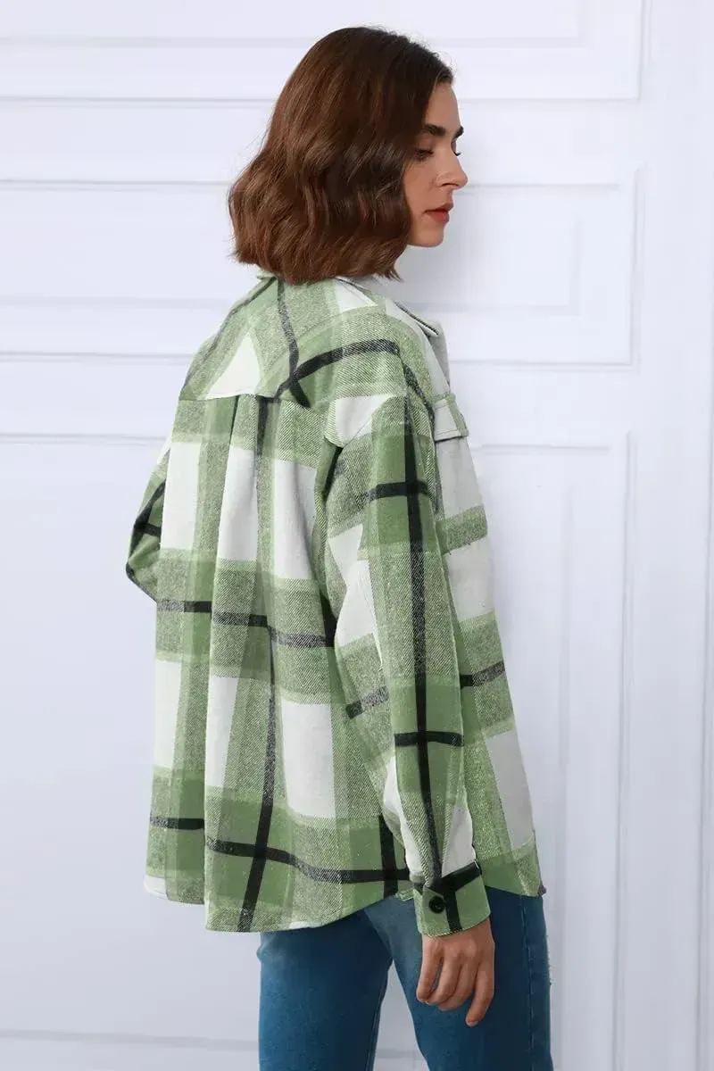 Womens Casual Plaid Shacket Button Down Long Sleeve Shirt
