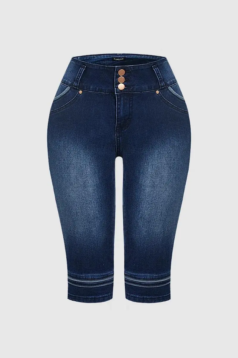 Button Fly High Rise Wash High Stretch Capri Jeans