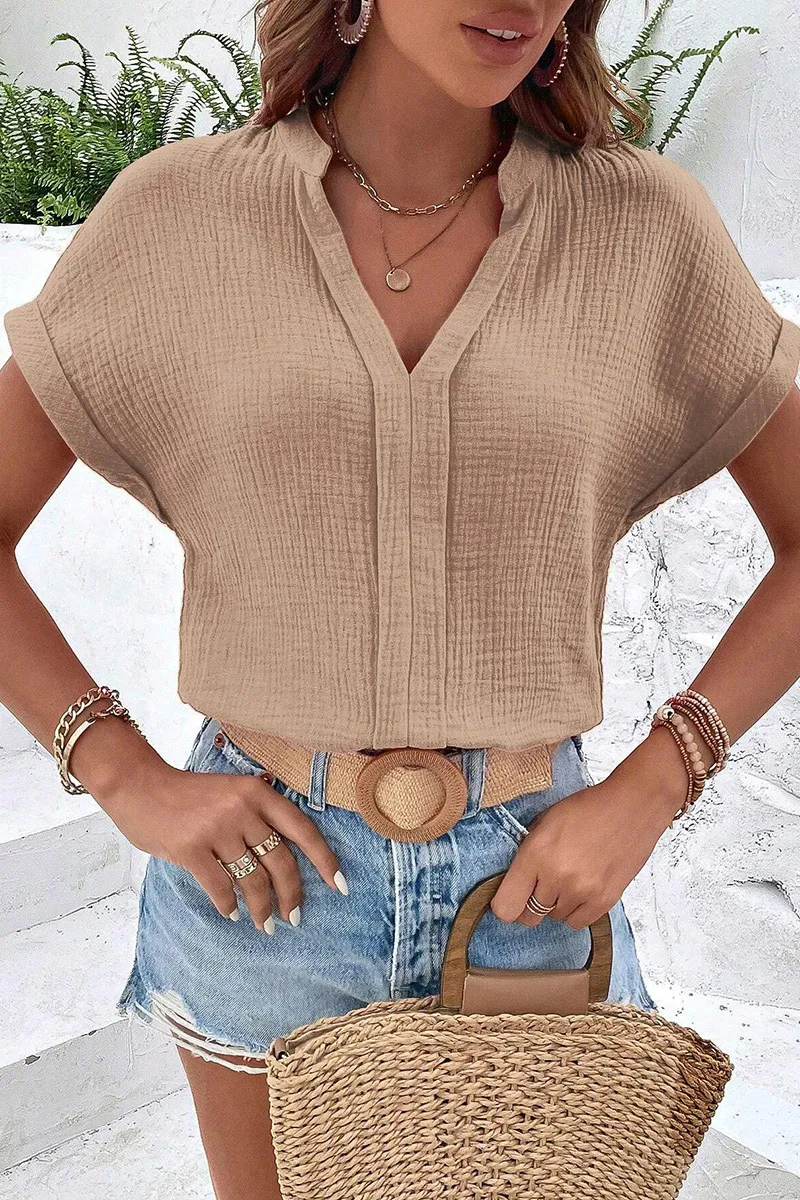 Solid Roll Sleeve Notched Neck Blouse