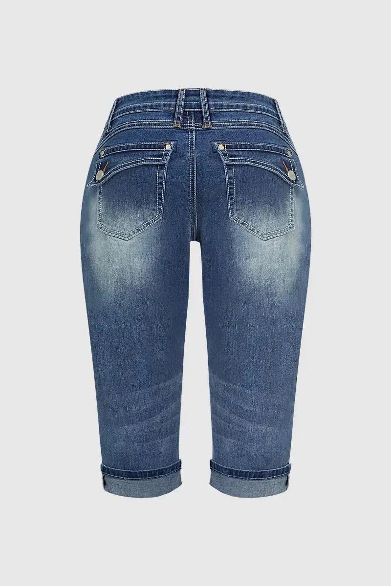 Wash Flap Pocket Roll Hem Low Rise Straight Leg Capri Jeans