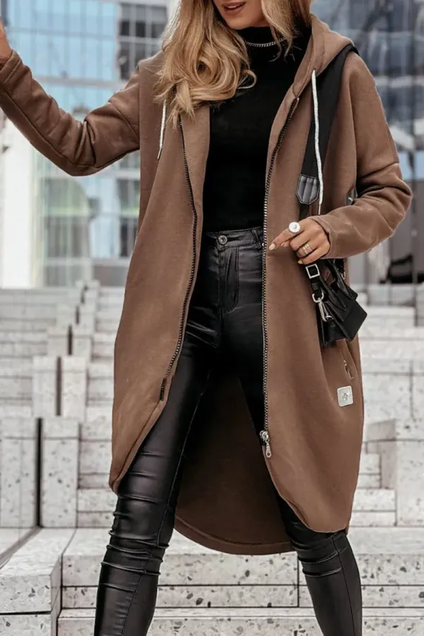 Women's Solid Color Zipper Hooded Casual Coat