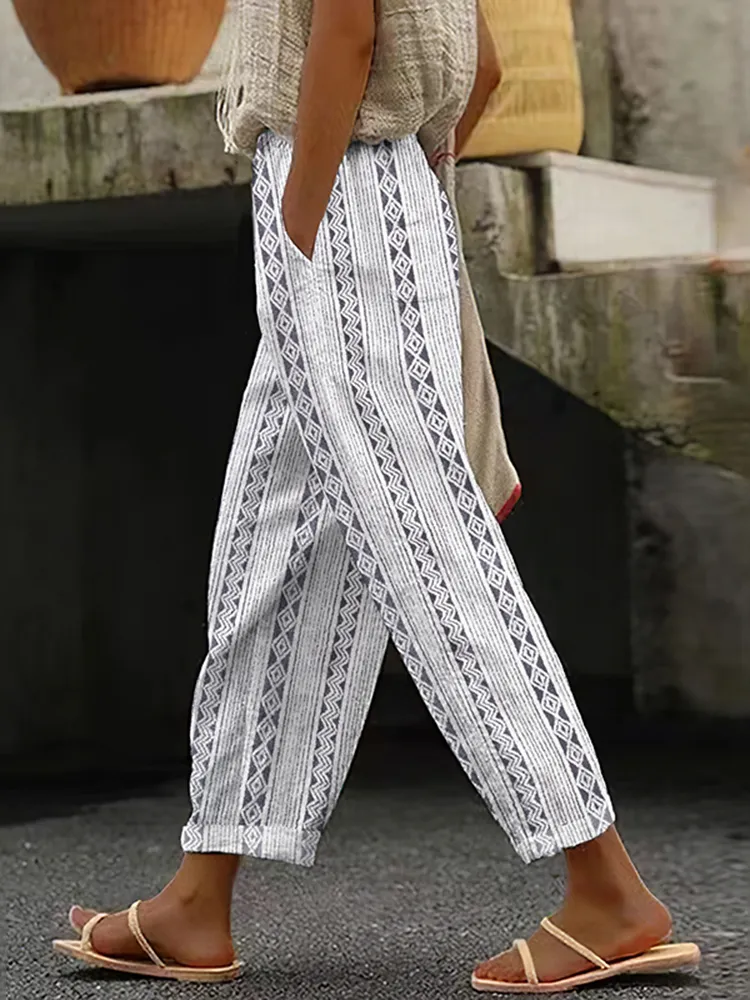 Women's Wavy Diamond Stripe Linen Lounge Pants