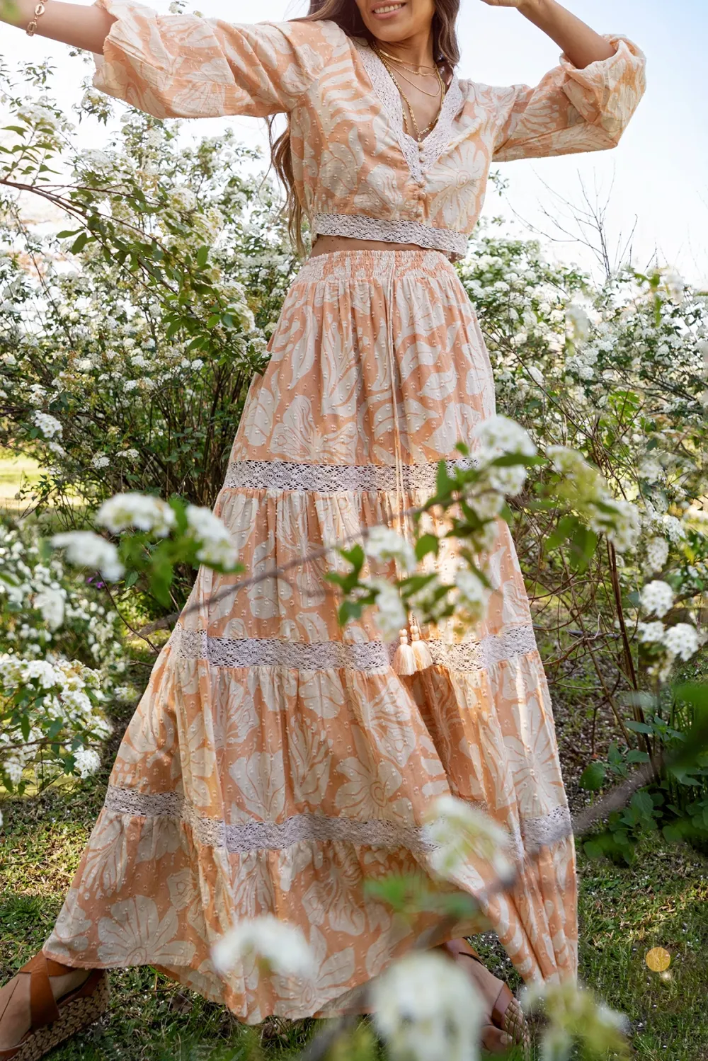 Peach Toned Floral Print Ruffled Maxi Skirt