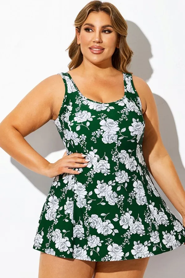 Green Floral Print Square Neck Tank Swimdress
