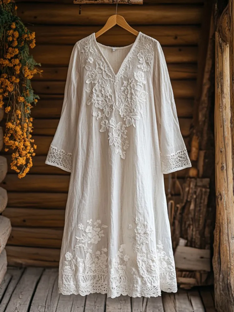 Women's Retro Lace Floral Embroidery Art Mixi Dress