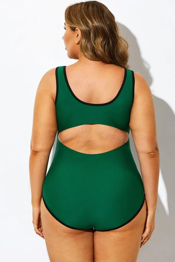 Green Scoop Neck Outline One Piece Swimsuit