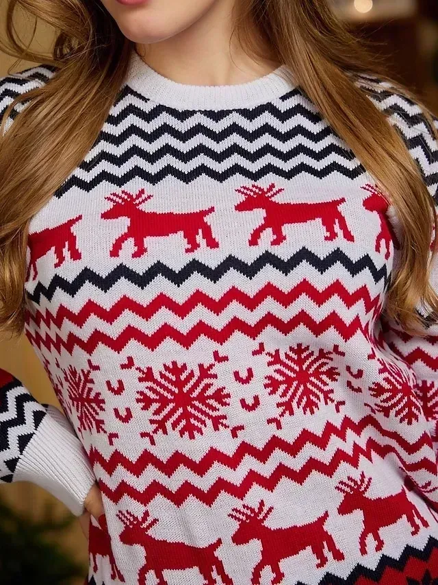Women's Ugly Christmas Sweater Pullover Sweater Jumper Crew Neck Ribbed Knit Polyester Patchwork Fall Winter Regular Outdoor Xmas Daily Stylish Casual Soft Long Sleeve Elk Striped Snowflake