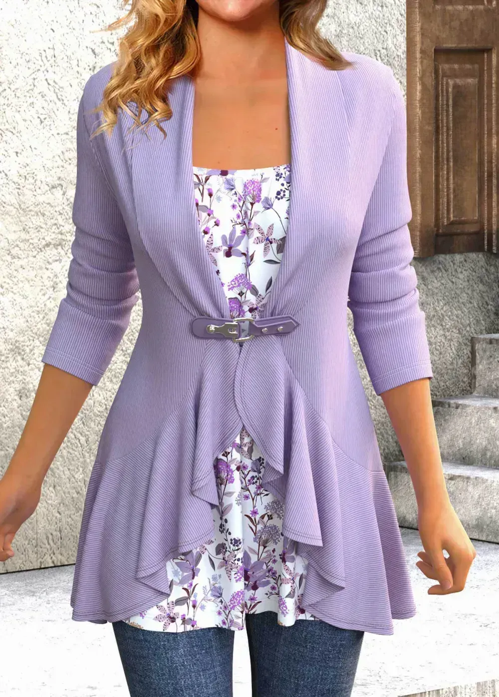 Light Purple Ruffle Floral Print T Shirt