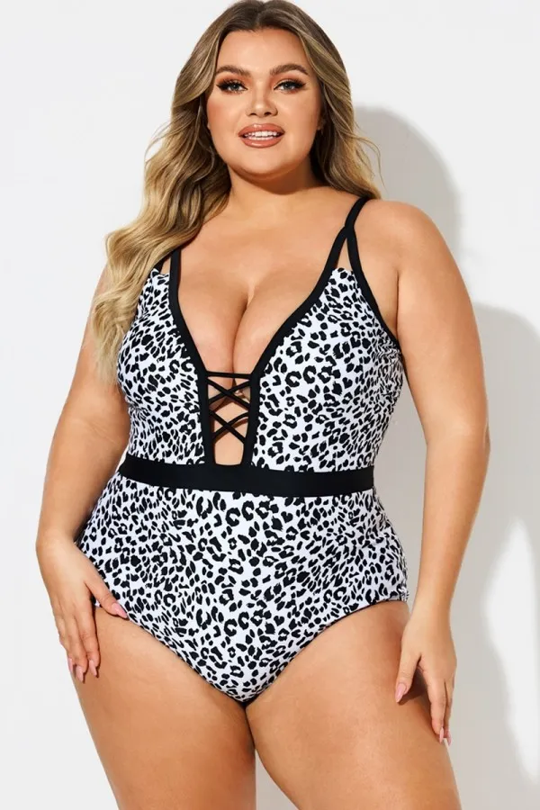 Leopard Print Deep V-Neck One Piece Swimsuit