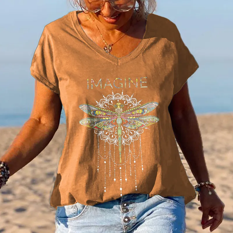 Imagine Dragonfly Printed V-neck T-shirt