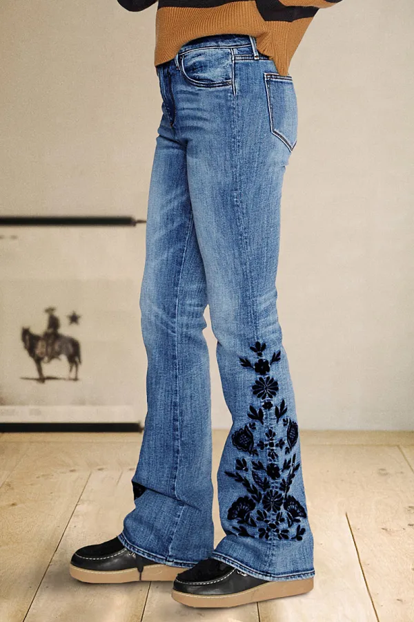 Floral Embroidery Wash Mid Waist Bootcut Jeans