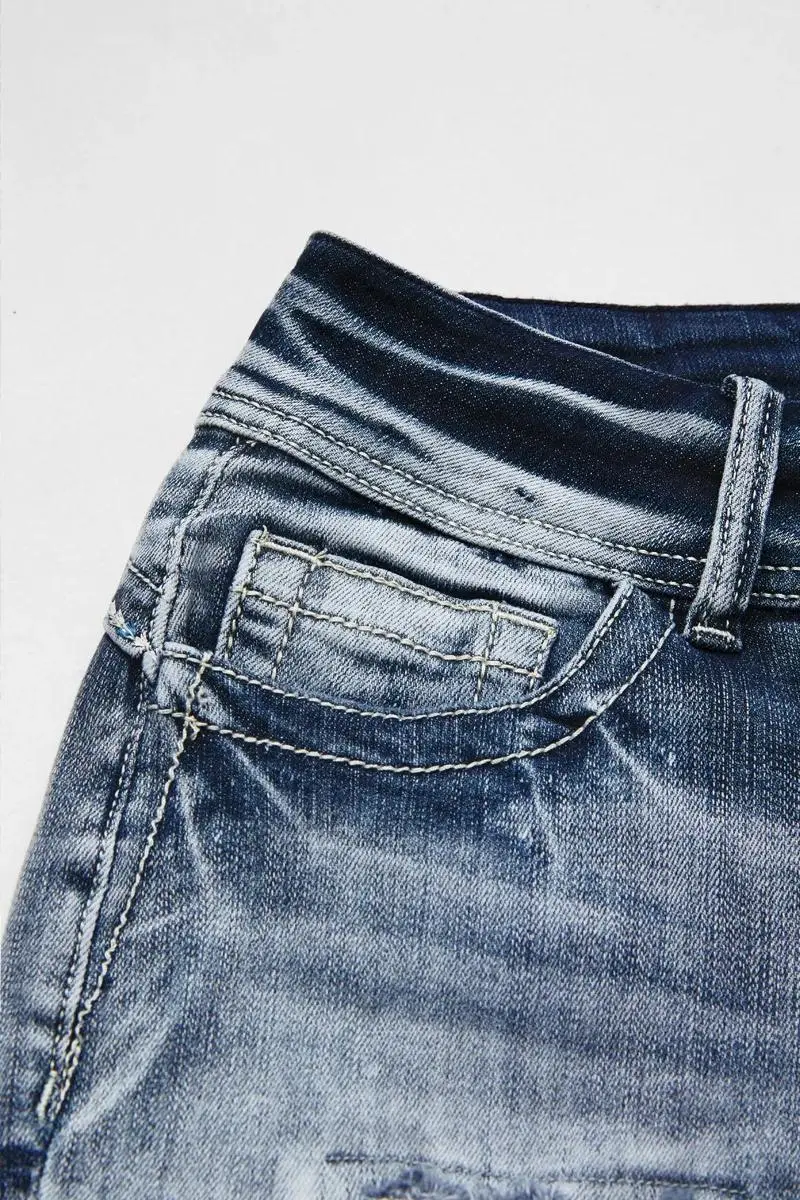 Wash Paisley Patched Ripped Mid Rise Denim Shorts
