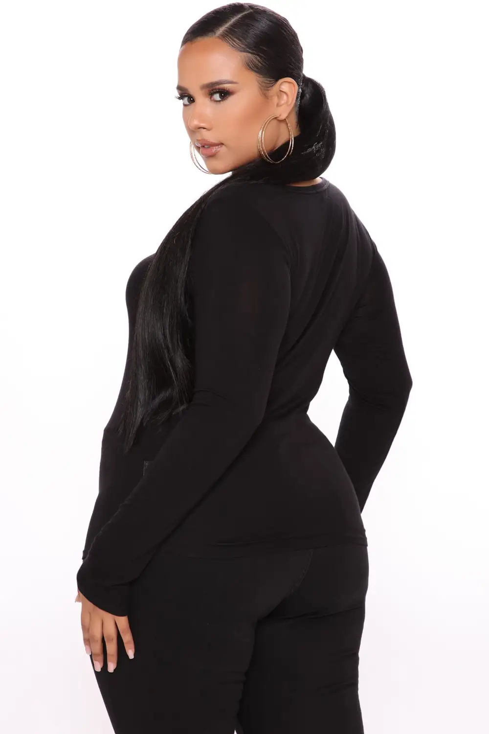 Nelida Long Sleeve Henley Tee - Black