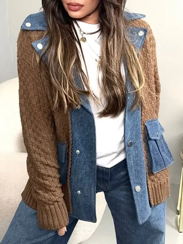 Women's Lapel Stitching Sweater Casual Top