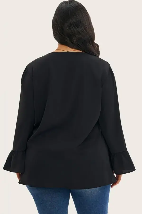 Black Asymmetrical Ruffles Sleeve Crisscross Hem Blouse