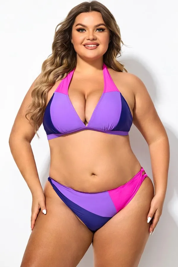 Plus Size Halter Colorblock Sexy Bikini Top