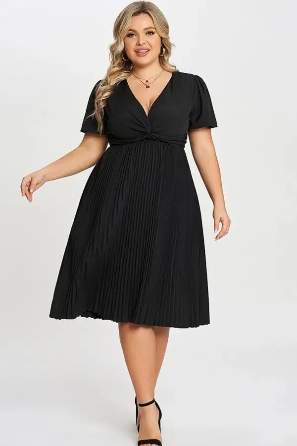 Black Knot Front Pleated Skirt Long Dress