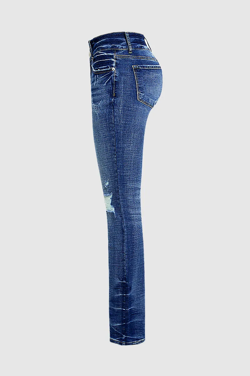 Ripped Double Button Mid Waist Skinny Jeans