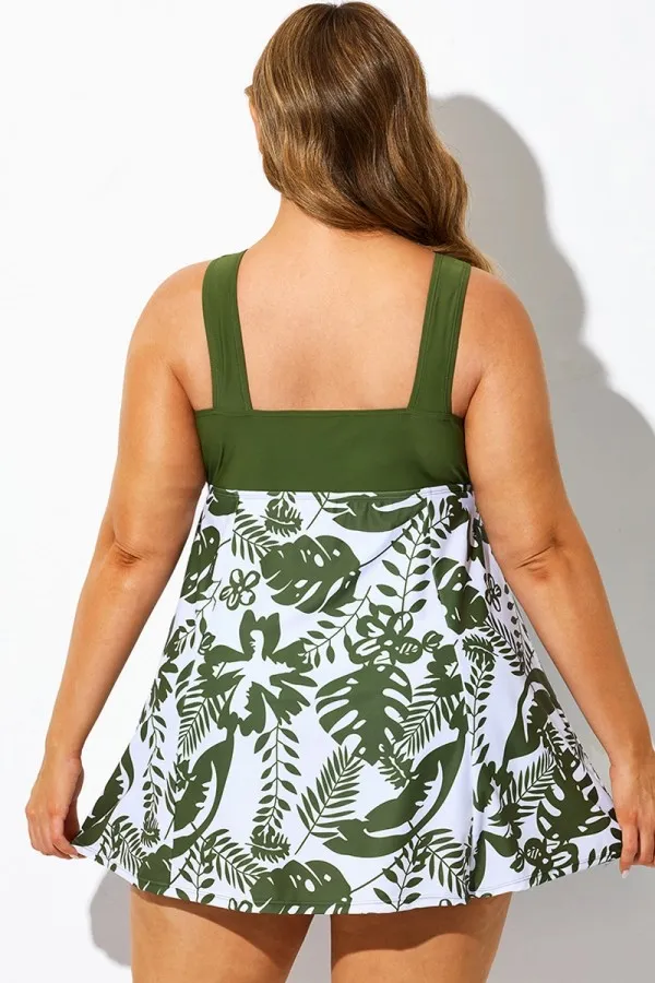 Green Floral Print Tie Front V-Neck Swimdress