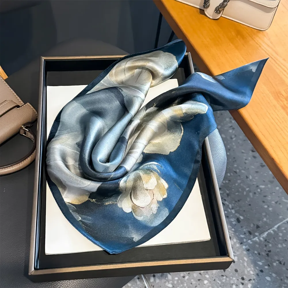 100% Silk Lake Blue Ink Washed Tie-Dye Scarf