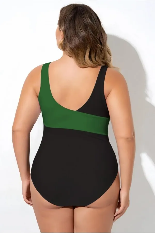 Green & Black Sexy Cut Out Mesh One Piece Swimsuit